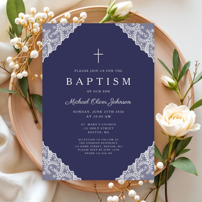 Convite Elegant Lace Navy Blue Baby Boy Baptism (Elegant Lace Navy Blue Baby Boy Baptism Invitation)