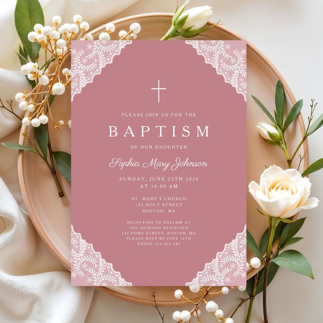 Convite Elegant Lace Pink Baby Girl Baptism (Elegant Lace Pink Baby Girl Baptism Invitation)