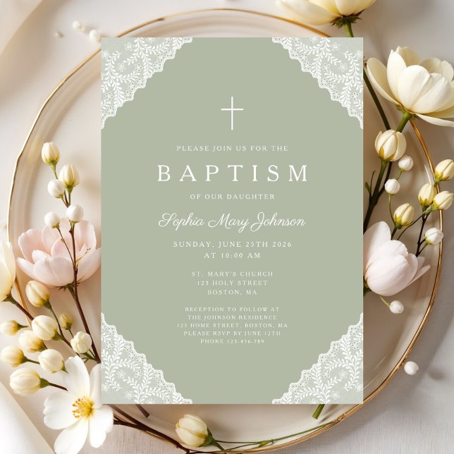 Convite Elegant Lace Sage Green Baptism (Elegant Lace Sage Green Baptism Invitation)