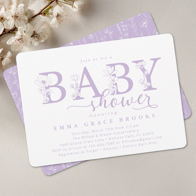 Convite Elegant Lavender Floral Baby Shower Typography (Lavender Baby Shower Invite)
