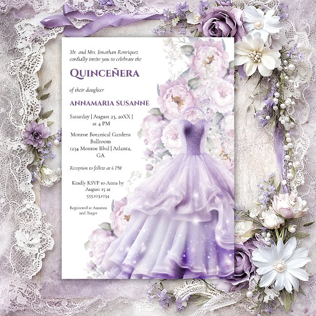 Convite Elegant Lavender Floral Quinceañera Ball Gown |  (Criador carregado)