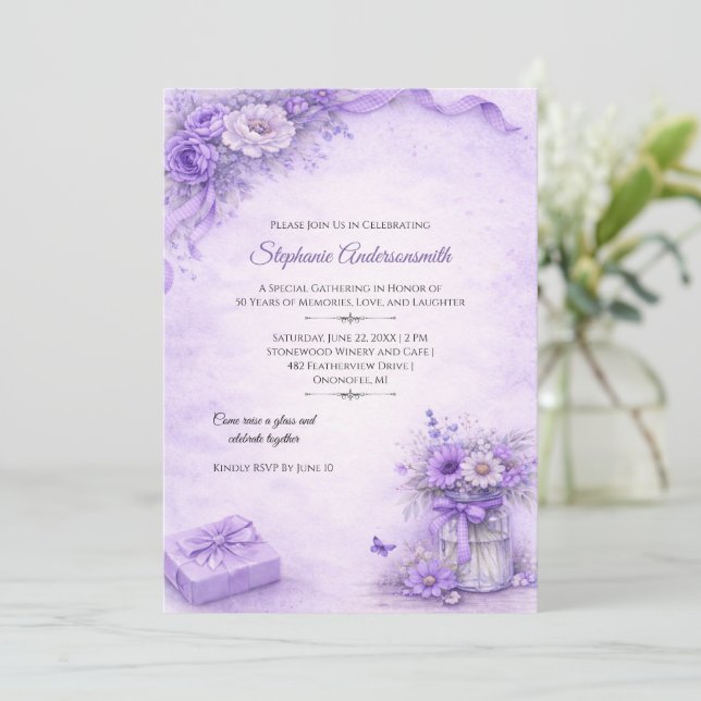 Convite Elegant Lavender Flowers Birthday Party | (Em pé/Frente)