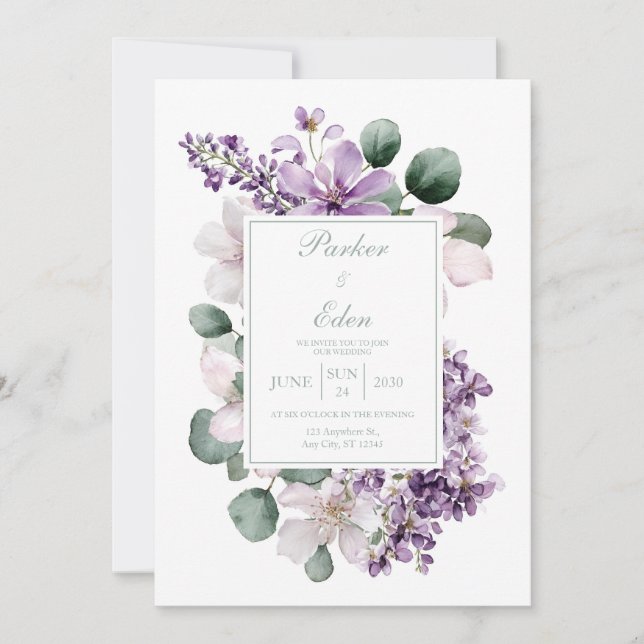 Convite Elegant Lavender Lilac Eucalyptus Watercolor (Frente)