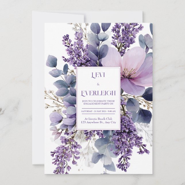 Convite Elegant Lavender Lilac Eucalyptus Watercolor (Frente)