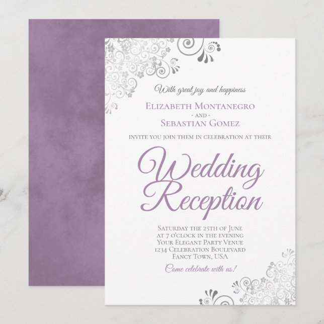 Convite Elegant Lavender Purple & Silver Wedding Reception (Frente/Verso)