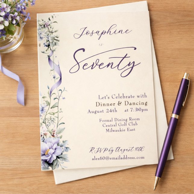Convite Elegant Lavender Wildflower Script 70th Birthday (Criador carregado)
