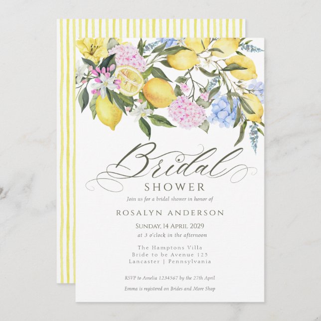 Convite Elegant Lemon Floral Citrus Bridal Shower (Frente/Verso)