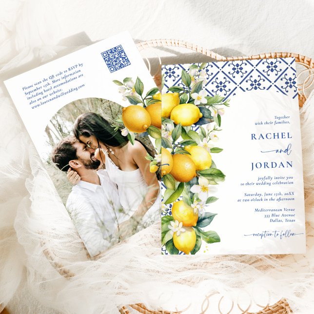 Convite Elegant Lemon Mediterranean Qr Code Photo Wedding (Criador carregado)