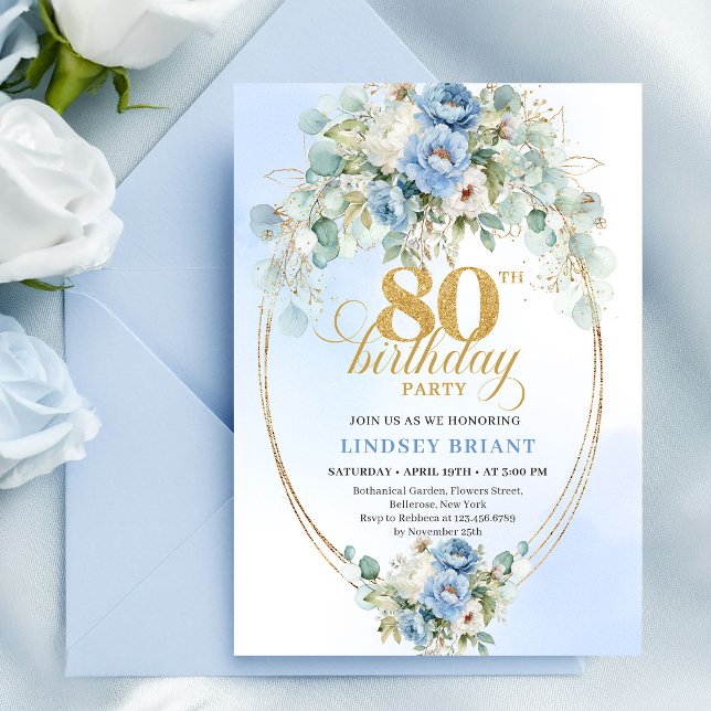 Convite Elegant Light Blue Peony Floral Gold 80th Birthday (Elegant Light Blue Peony Floral Gold 80th Birthday Invite)