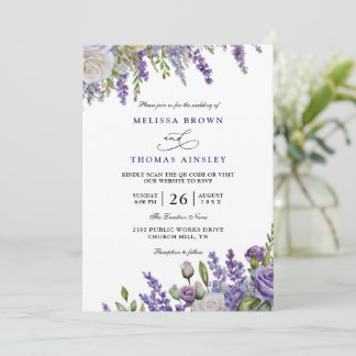 Convite Elegant Light Purple Lavender QR Code Wedding