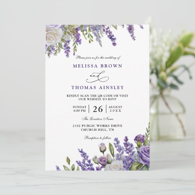Convite Elegant Light Purple Lavender QR Code Wedding (Em pé/Frente)