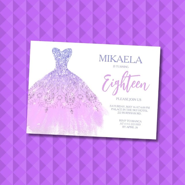 Convite Elegant Lila Gown Glitter 18th Birthday Invitation (Criador carregado)