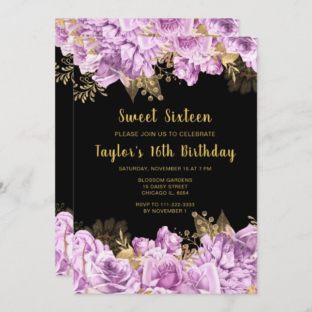 Convite Elegant Lilac and Gold Flowers Sweet Sixteen (Frente/Verso)