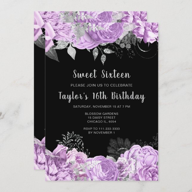 Convite Elegant Lilac and Silver Flowers Sweet Sixteen (Frente/Verso)