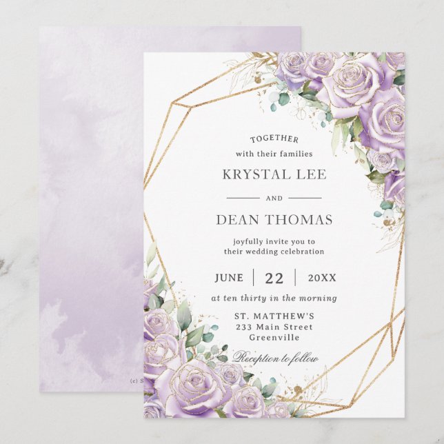 Convite Elegant Lilac Purple Floral Gold Geometric Wedding (Frente/Verso)