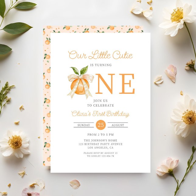 Convite Elegant Little Cutie Orange Citrus 1st Birthday (Elegant Little Cutie Orange Citrus 1st Birthday Invitation)