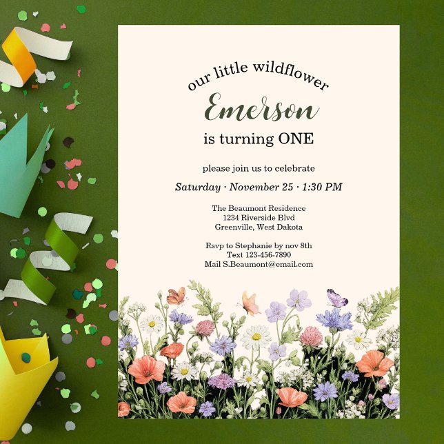 Convite Elegant Little Wildflower 1st Birthday Party (Criador carregado)