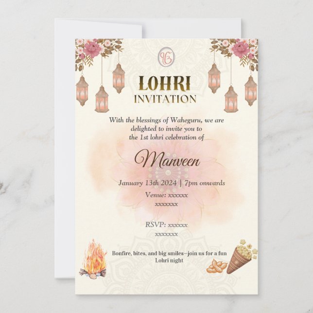 Convite Elegant Lohri Invitation- Pastel, Minimalistic (Frente)