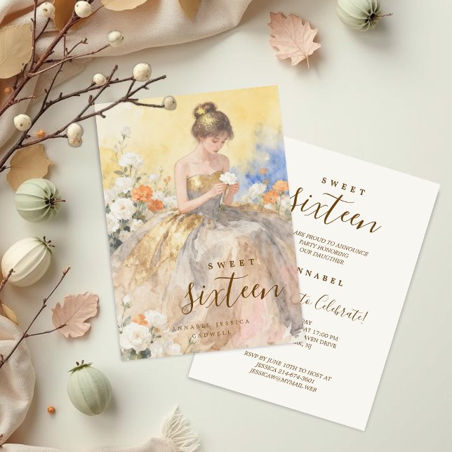 Convite Elegant & Lovely Floral Sweet Sixteen Birthday  (Delicate Pastel Watercolor Young Woman in Golden and Gray Strapless Dress Card.)