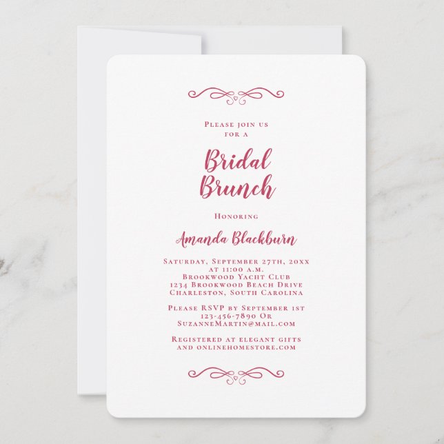 Convite Elegant Magenta Red Calligraphy Bridal Brunch (Frente)