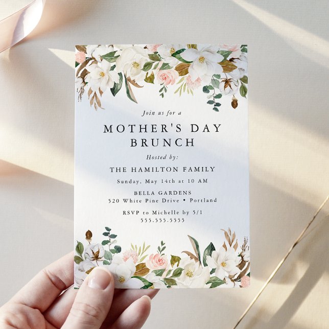 Convite Elegant Magnolia Blush Floral Mother's Day Brunch (Criador carregado)
