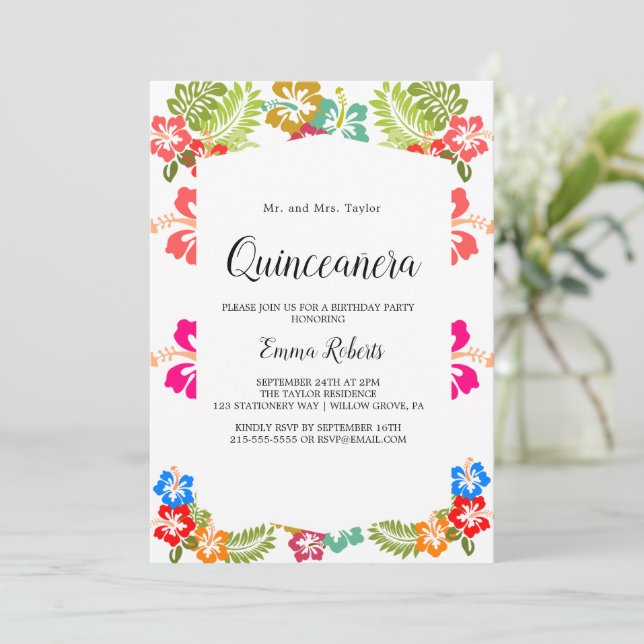 Convite Elegant Magnolia | Quinceañera Branca e Rosa  (Em pé/Frente)