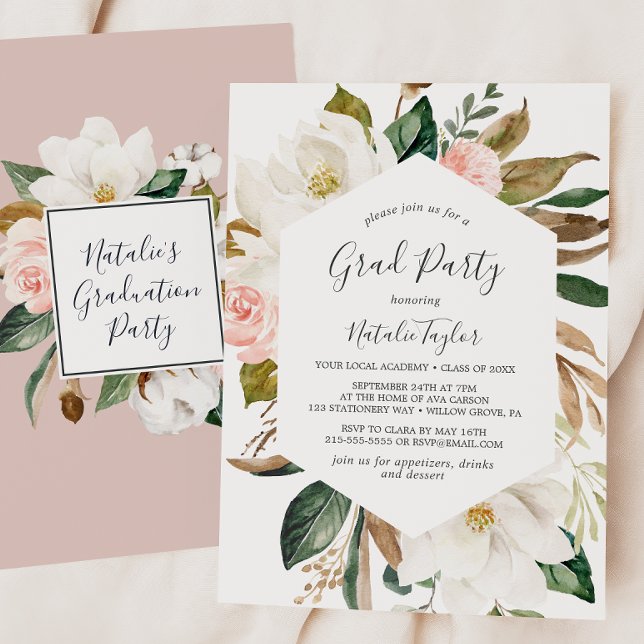 Convite Elegant Magnolia White and Blush Graduation Party (Criador carregado)