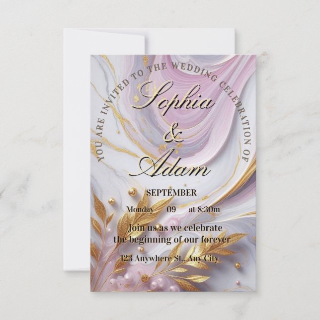 Convite Elegant Marble & Gold Wedding Invitation (Frente)