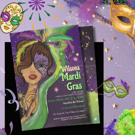 Convite Elegant Mardi Gras Masquerade Hand-drawn Portrait