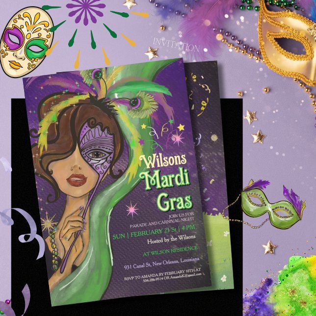 Convite Elegant Mardi Gras Masquerade Hand-drawn Portrait (Elegant Mardi Gras Masquerade Hand-drawn Portrait Invitation (2))
