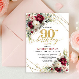 Convite Elegant Maroon Gold Floral 90th Birthday Invite