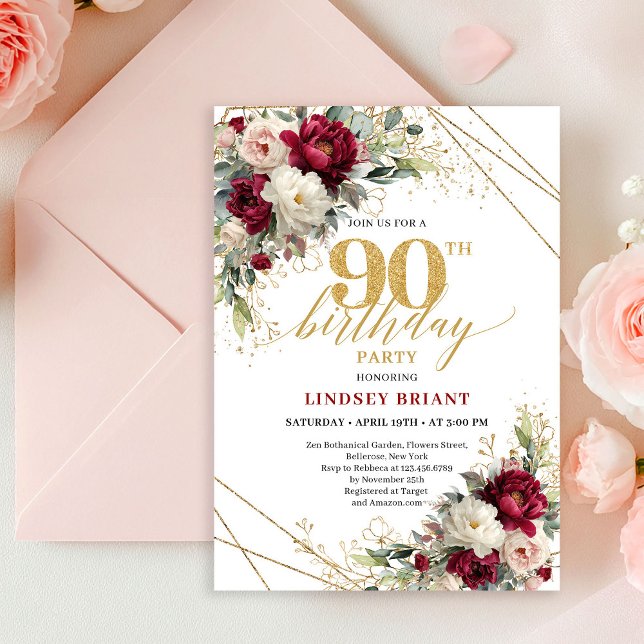 Convite Elegant Maroon Gold Floral 90th Birthday Invite  (Elegant Maroon Gold Floral 90th Birthday Invite Card

)