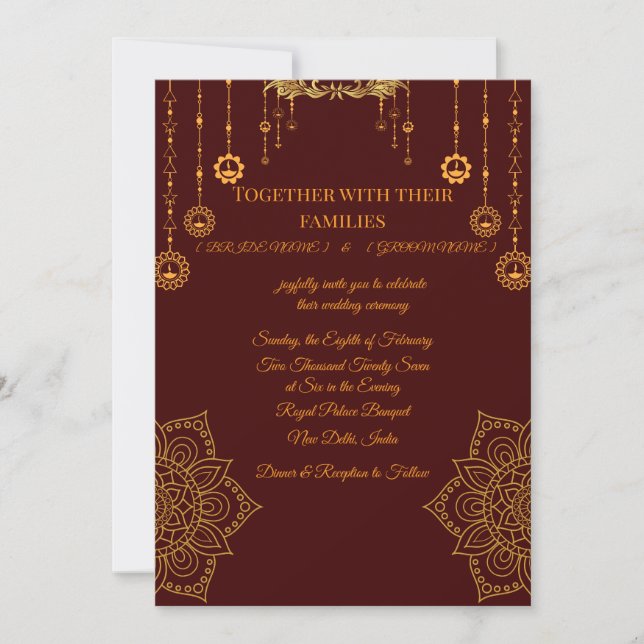 Convite Elegant Maroon & Gold Wedding Invitation (Frente)