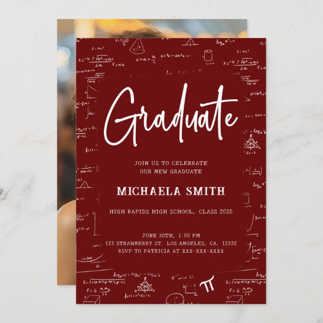 Convite Elegant Maroon Graduate Math Photo Graduation (Frente/Verso)