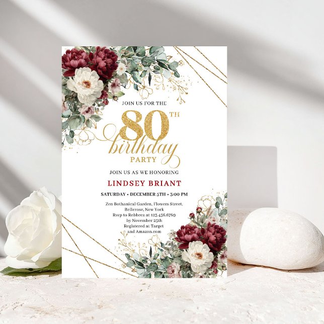 Convite Elegant Marsala Floral Greenery 80th Birthday (Elegant Marsala Floral Greenery 80th Birthday)