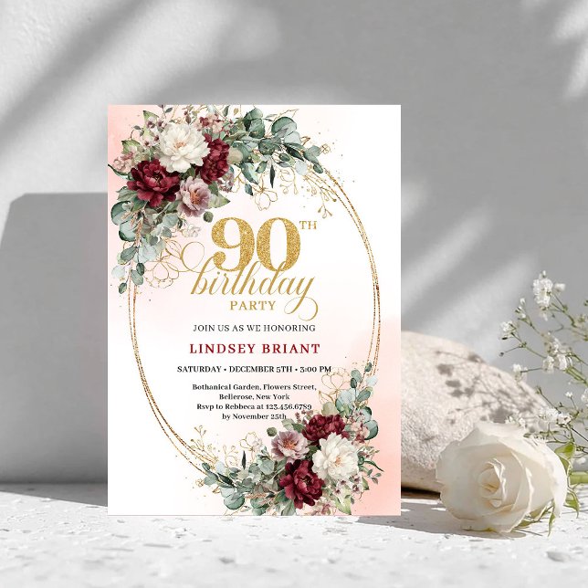 Convite Elegant Marsala Peonies Eucalyptus 90th Birthday  (Elegant Marsala Peonies Eucalyptus 90th Birthday Invite)
