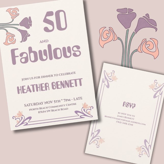 Convite Elegant Mauve Art Nouveau Fabulous 50 Birthday (Criador carregado)