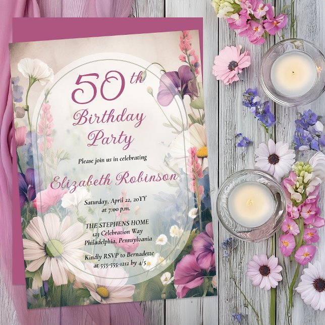 Convite Elegant Mauve | Multi 50th Birthday Party Floral (Elegant Floral 50th Milestone Birthday | Romantic Botanical Garden Party Invitation -Print | Digital)