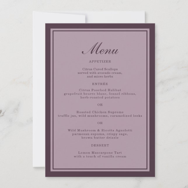 Convite Elegant Mauve Plum Wedding Dinner Menu Card (Frente)