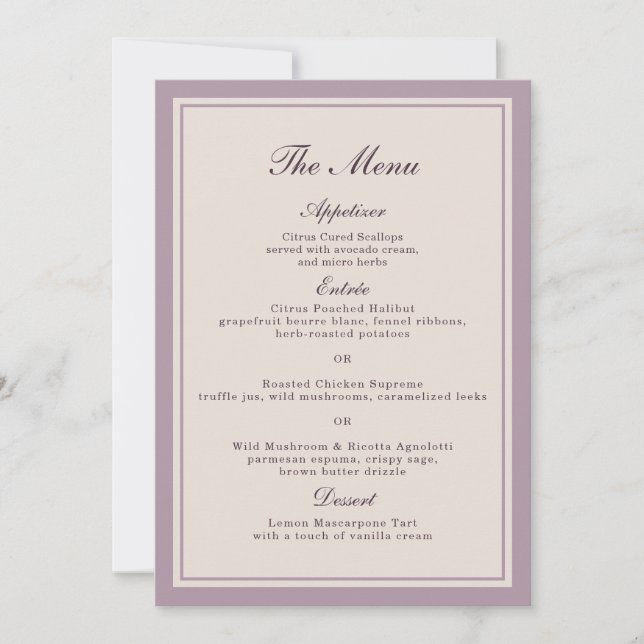 Convite Elegant Mauve Plum Wedding Menu Card (Frente)
