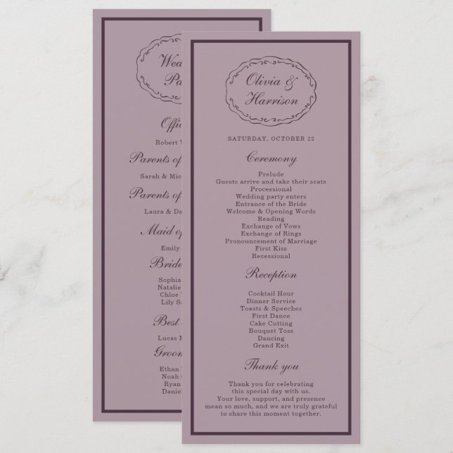 Convite Elegant Mauve Plum Wedding Program Card (Frente/Verso)