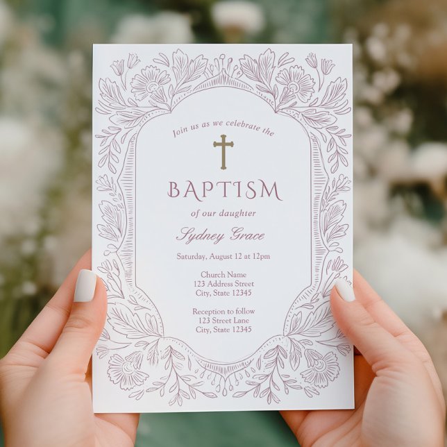 Convite Elegant Mauve Traditional Baptism Invitation (Criador carregado)