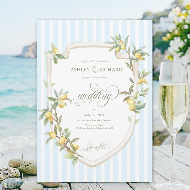 Convite Elegant Mediterranean Lemon Wedding Invitation (Mediterranean citrus lemon pale blue white coastal stripe wedding invitation with calligraphy script)