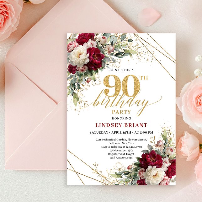 Convite Elegant Merlot Rose Gold 90th Birthday Invite (Elegant Merlot Rose Gold 90th Birthday Invite)