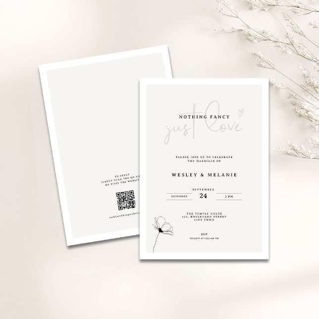 Convite Elegant Mimimal Flower Nothing Fancy Wedding (Nothing fancy just love minimalist wedding invitation with line art flower and qr-code)