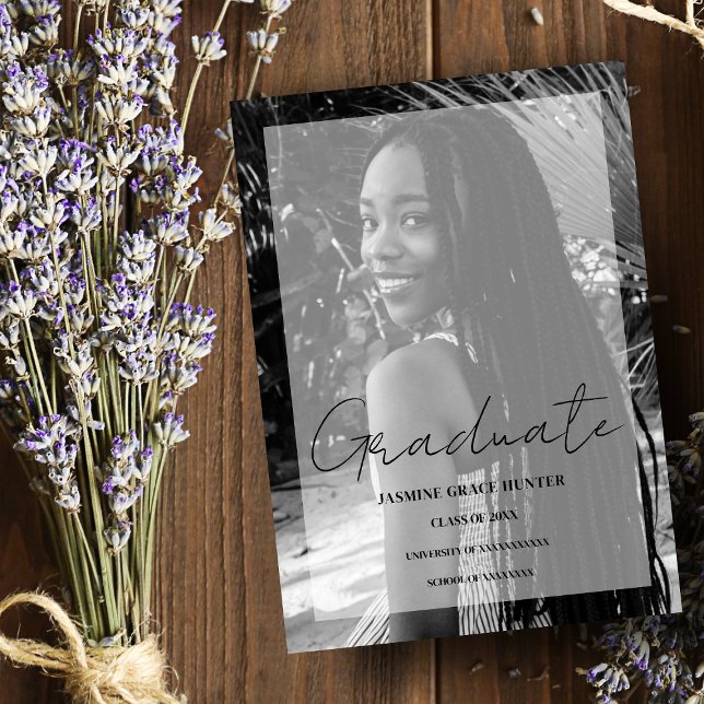 Convite Elegant Minimal Black & White Photo Graduation (Criador carregado)
