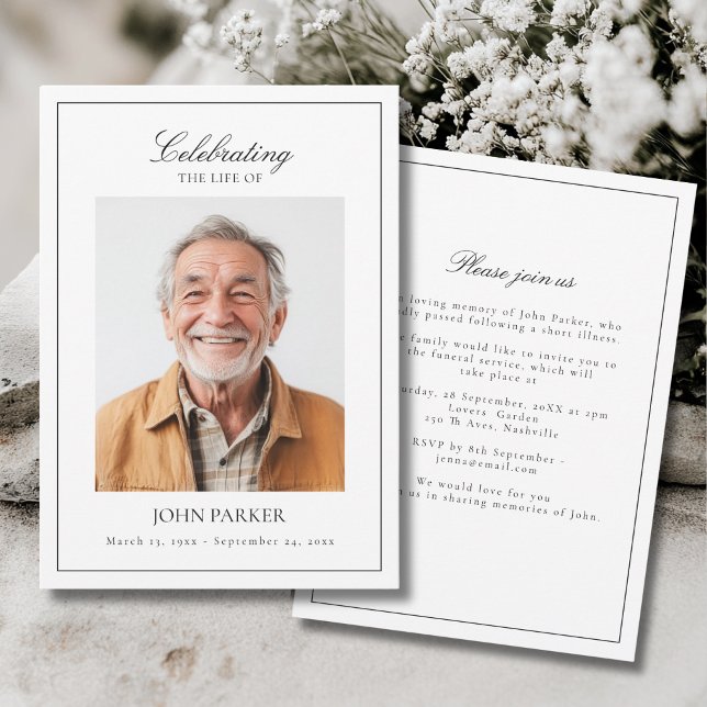 Convite Elegant Minimal Celebration of Life Funeral Photo  (Elegant Minimal Celebration of Life Funeral Photo Invitation)