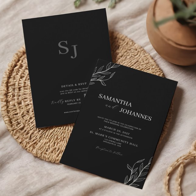Convite Elegant Minimalist Black Rustic Floral QR Wedding (Criador carregado)