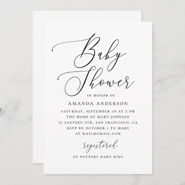 Convite Elegant Minimalist Black & White Baby Shower (Frente/Verso)
