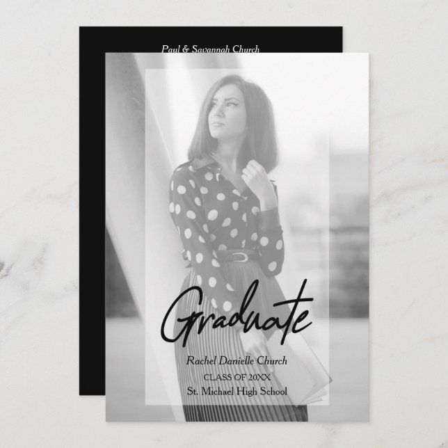 Convite Elegant Minimalist Black & White Photo Graduation (Frente/Verso)